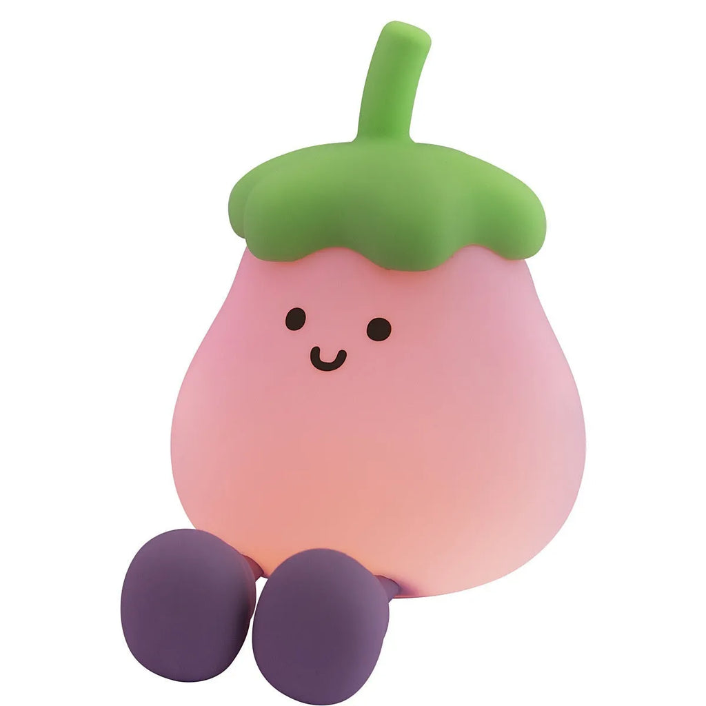 Cartoon eggplant-shaped small night lamp with soft yellow glow, shown next to a broccoli design variant.