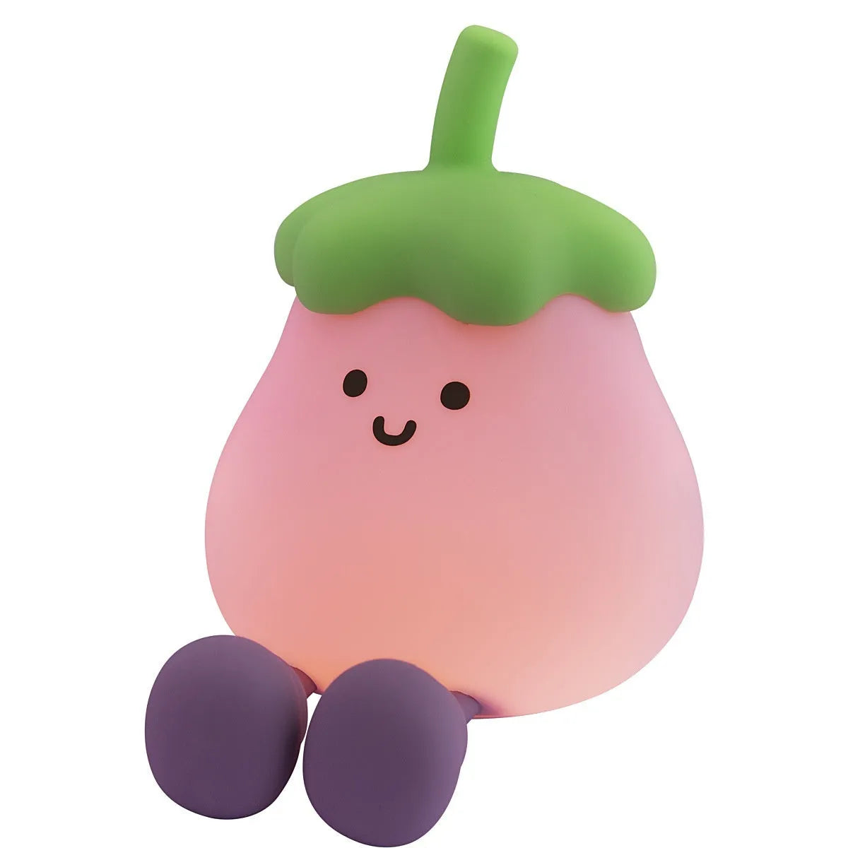 Cartoon eggplant-shaped small night lamp with soft yellow glow, shown next to a broccoli design variant.