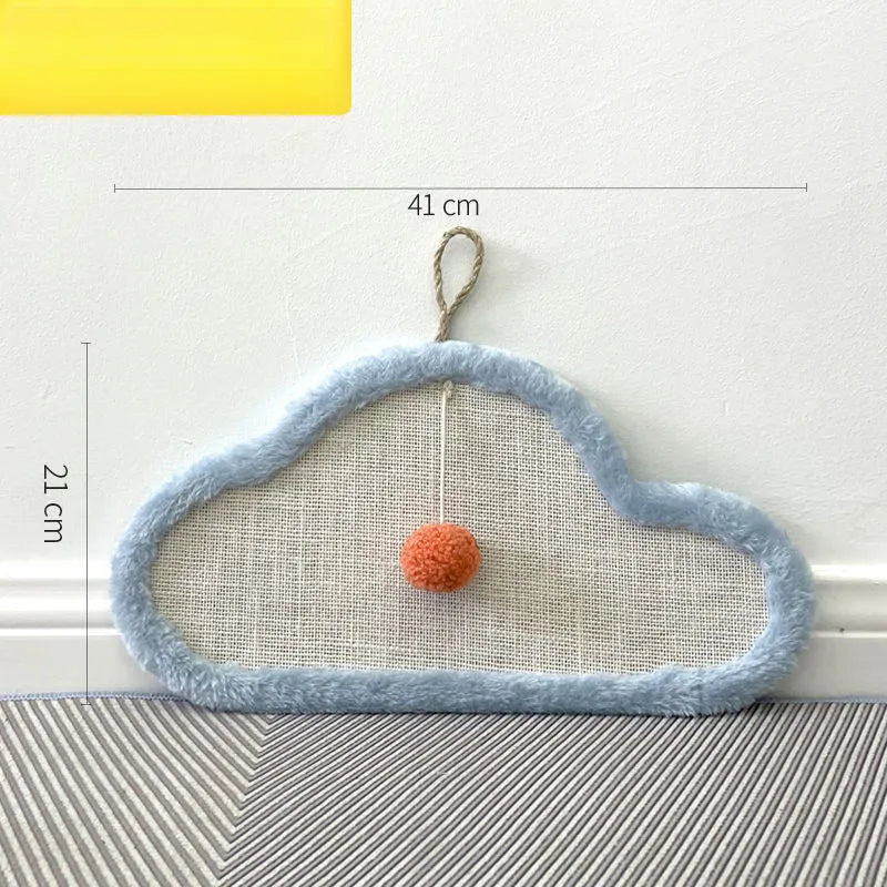 White wall mounted cat scratching mat with cartoon cat design made from natural sisal fabric