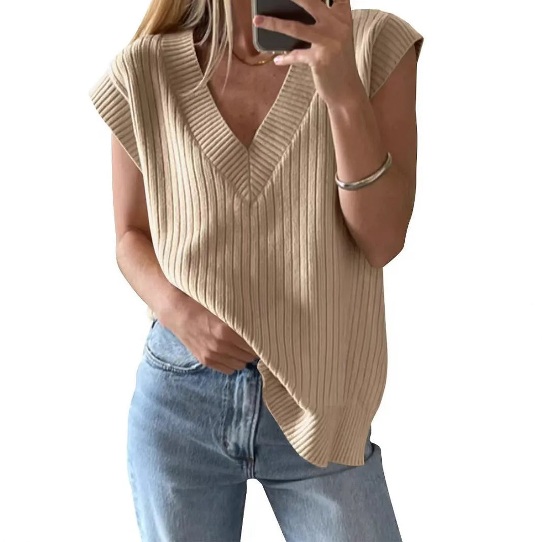 Women's camel and white V-neck sleeveless pullover vest in loose fit with striped plaid patterns