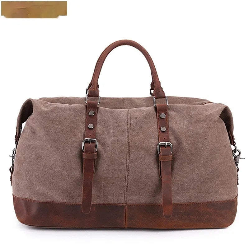 Canvas travel messenger shoulder bag with Crazy Horse leather trim, large capacity 36-55L, retro style, khaki colour