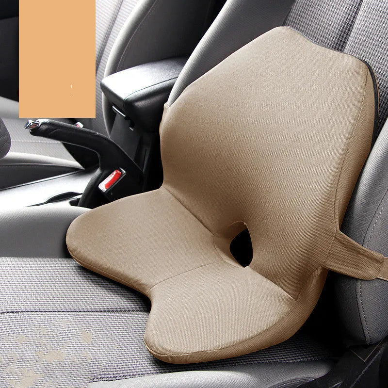 Car seat waist support cushion with memory foam, shown in beige, black, coffee, and grey colours.