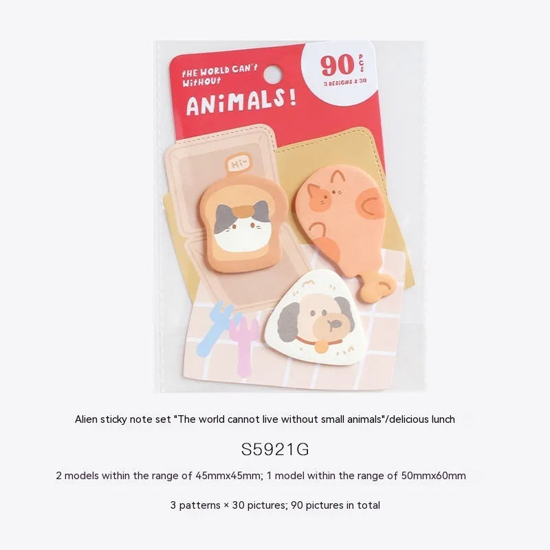 Small animal shaped sticky note set with colourful covers showing lunch, shopping, bunny, kitten, puppy and sea otter designs