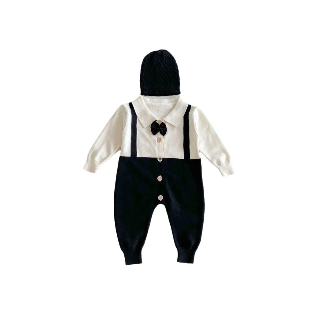 Infant lapel gentleman tie false two-piece suit in grey, brown, black, core-spun yarn fabric, long sleeve unisex baby romper for 66-90cm height