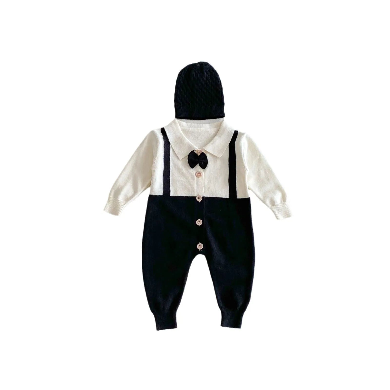 Infant lapel gentleman tie false two-piece suit in grey, brown, black, core-spun yarn fabric, long sleeve unisex baby romper for 66-90cm height