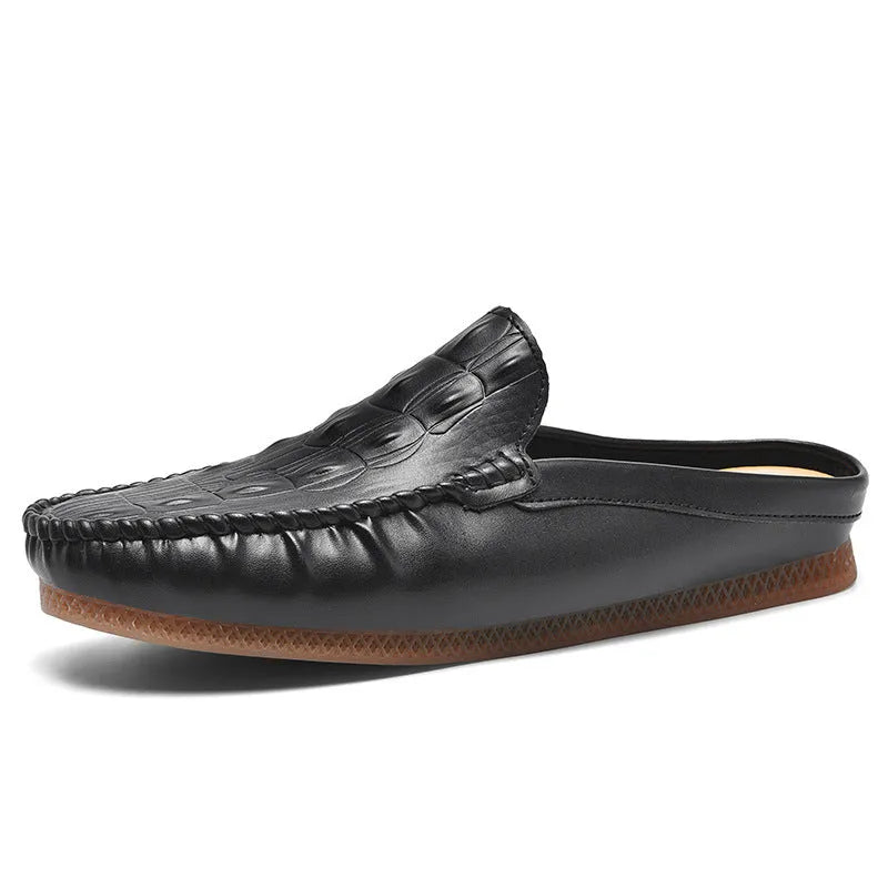 Men's black breathable semi-slippers with an artificial PU upper and rubber sole, shown from the side.