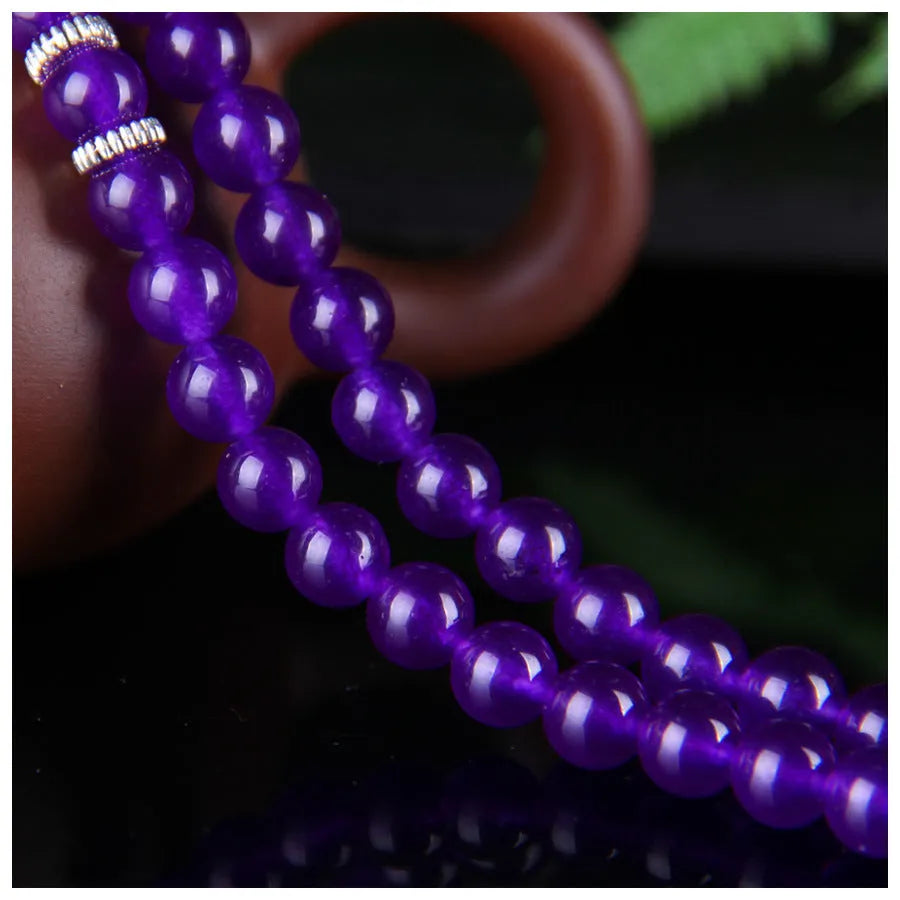 Natural purple chalcedony bracelet with three-circle ethnic design for women