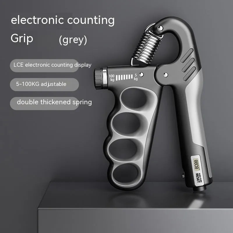 Adjustable electronic count spring grip in PP plastic with digital display.