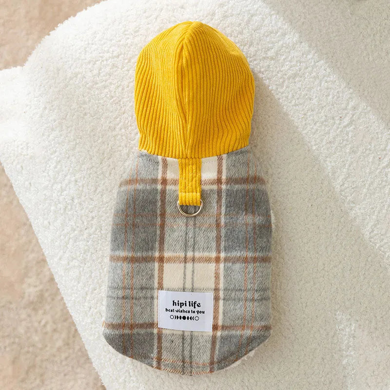 Blue corduroy dog hoodie with chessboard grid pattern and hooded traction design