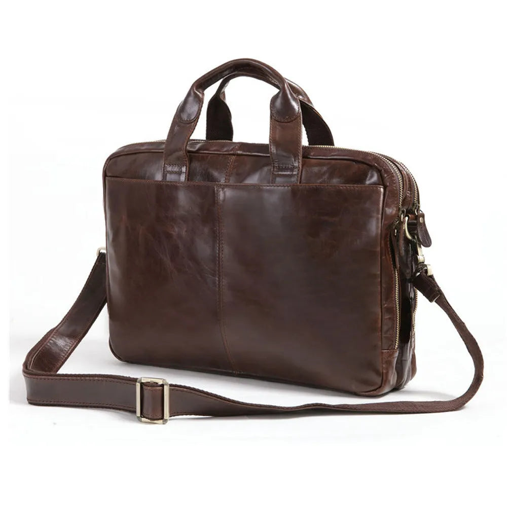 Brown 18 inch men's leather business briefcase open to show polyester cotton lining