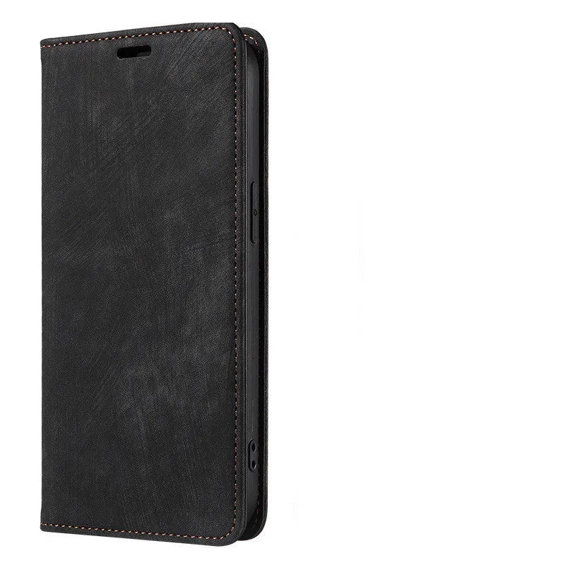 Magnetic flip phone case in leather and TPU for iPhone, shown in grey colour.