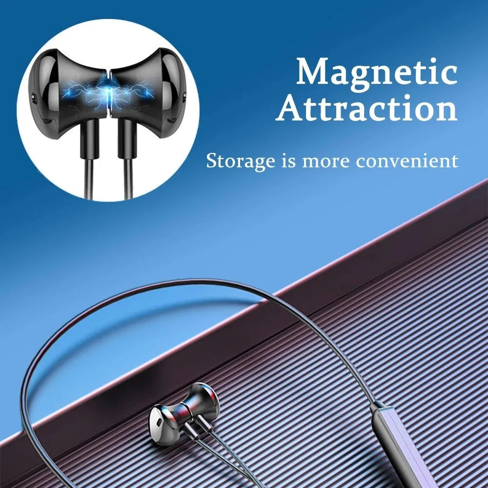 Black neck-mounted wireless sports earphones with bilateral stereo design and Bluetooth 5.0 connectivity
