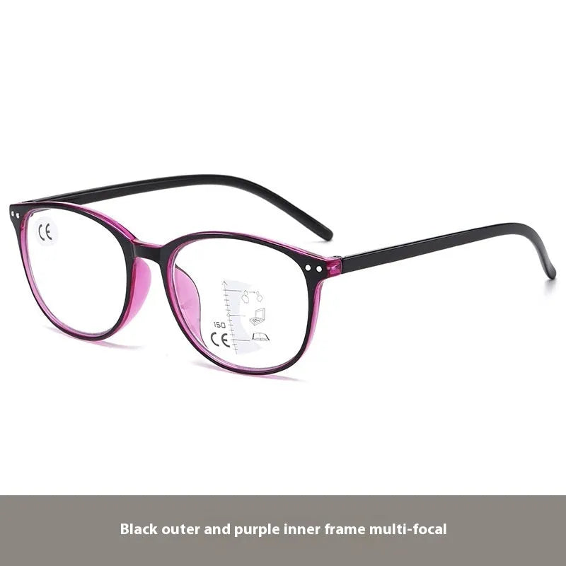 Woman wearing ultra-lightweight multi-focus presbyopic glasses with a black frame.