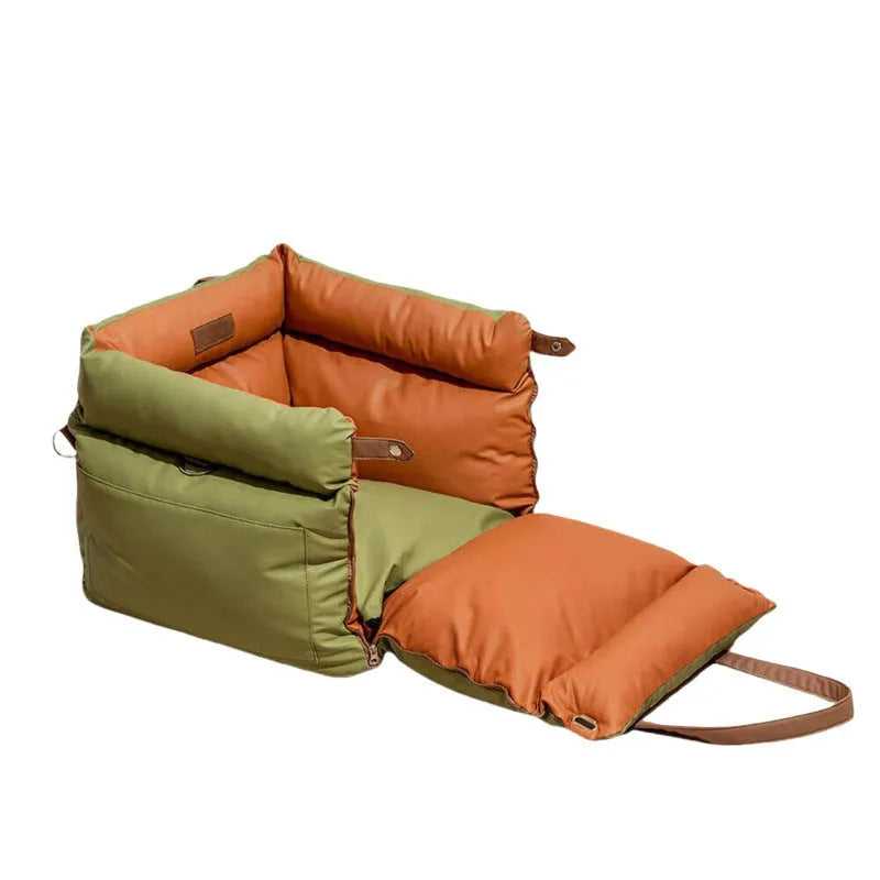 Green waterproof dog car nest with removable cover, shown on a car seat, dimensions 55cm by 50cm.