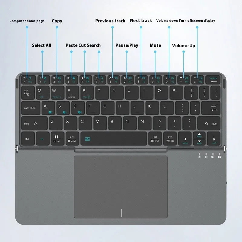 Grey aluminium Bluetooth folding keyboard for mobile phones and tablets, shown in open and closed positions.