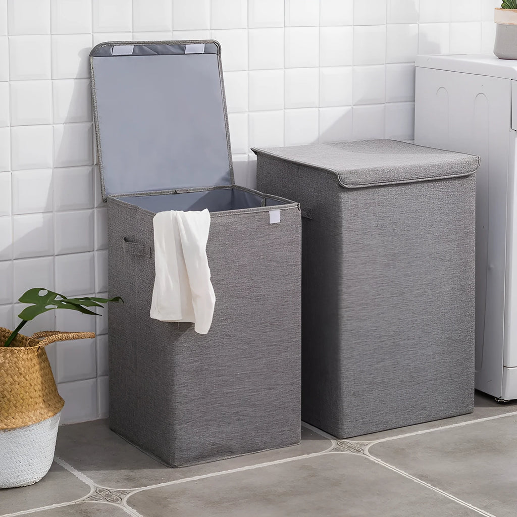 Cotton linen foldable storage basket in modern simplicity style shown in grey colour