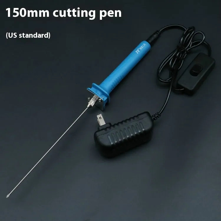Blue electric heating cutter pen with plastic handle for cutting foam and pearl cotton, shown with power adapter.