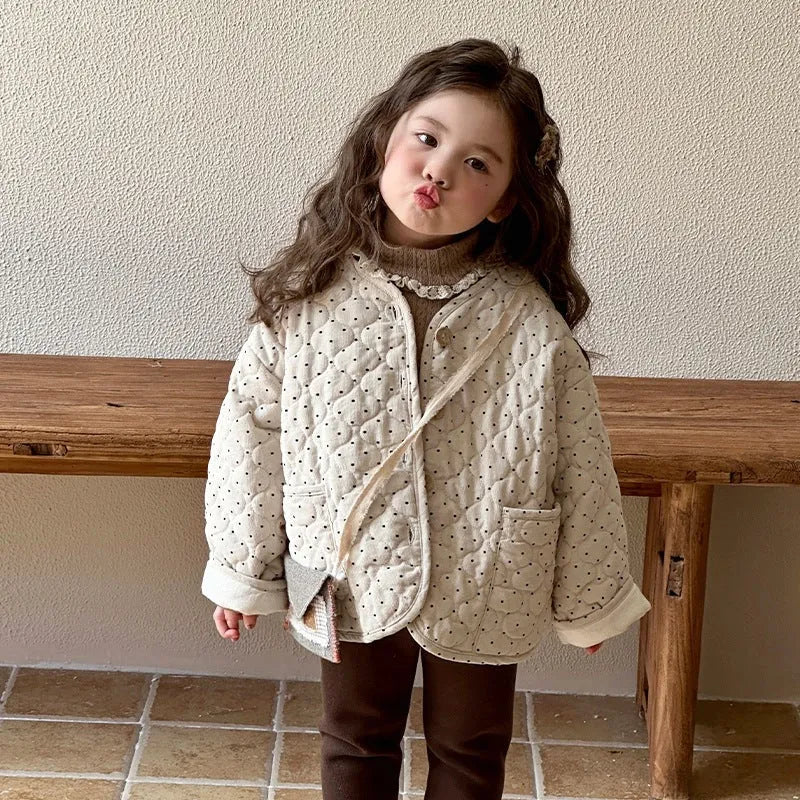 Beige Korean-style baby girl winter cotton-padded coat with printed design, corduroy fabric, single-breasted closure, unhooded, suitable for heights 80-130cm