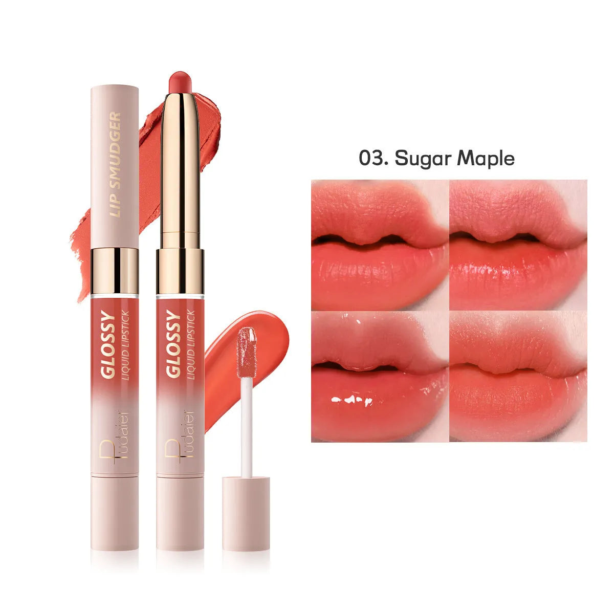 Double-headed lipstick lip gloss showing two matte colour ends with ten shade options from 01 to 10