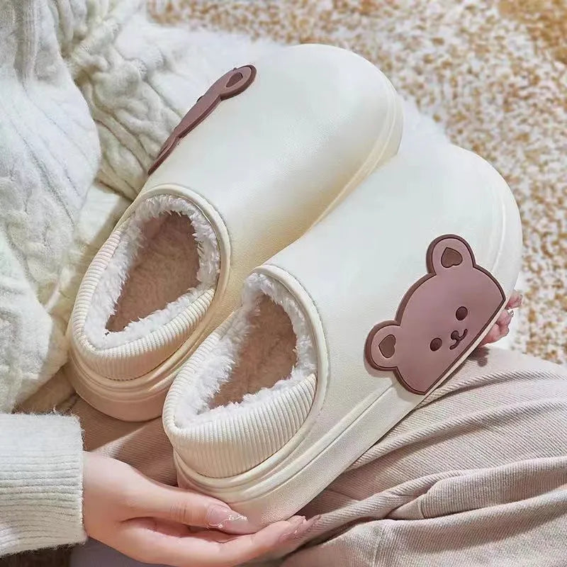 Bear fluffy slippers winter house shoes for women, unisex PVC sole, white colour