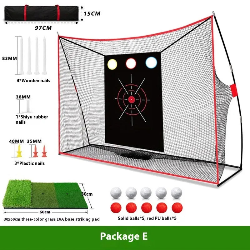 Golf swing wedge training net kit with cross target, straw mat, and practice balls