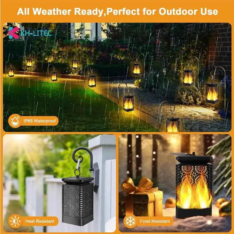 Black solar hanging flame torch LED light for outdoor garden and patio decoration.