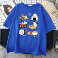 Men's black cotton t-shirt with cute cat sushi cartoon print design, short sleeves, loose fit