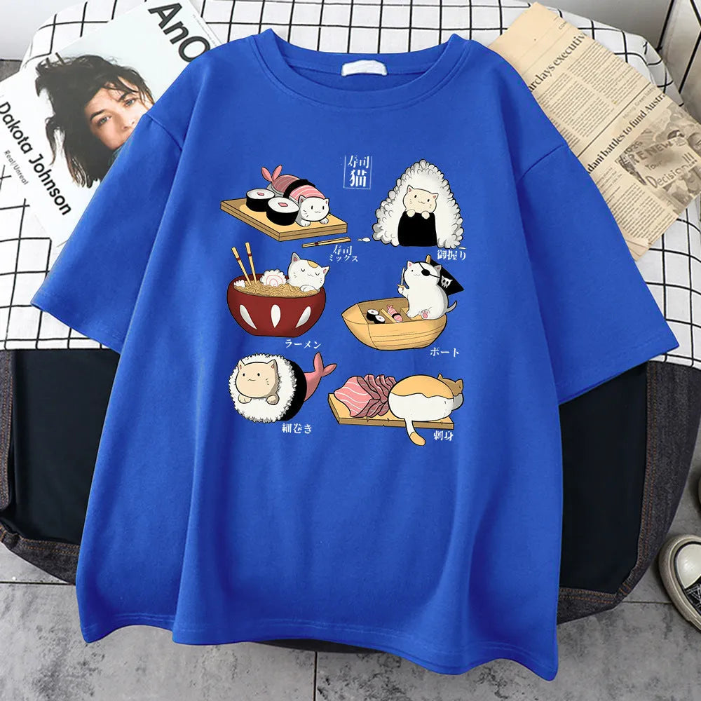 Men's black cotton t-shirt with cute cat sushi cartoon print design, short sleeves, loose fit
