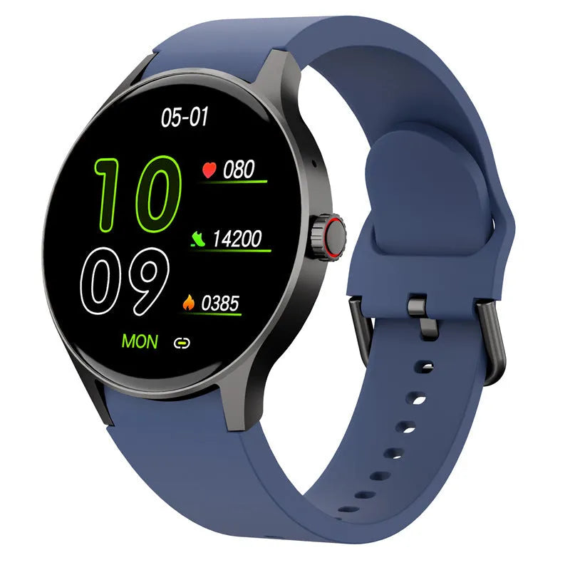 Men's and women's smart Bluetooth sport watch with round touch screen in black, blue, pink, or red colours