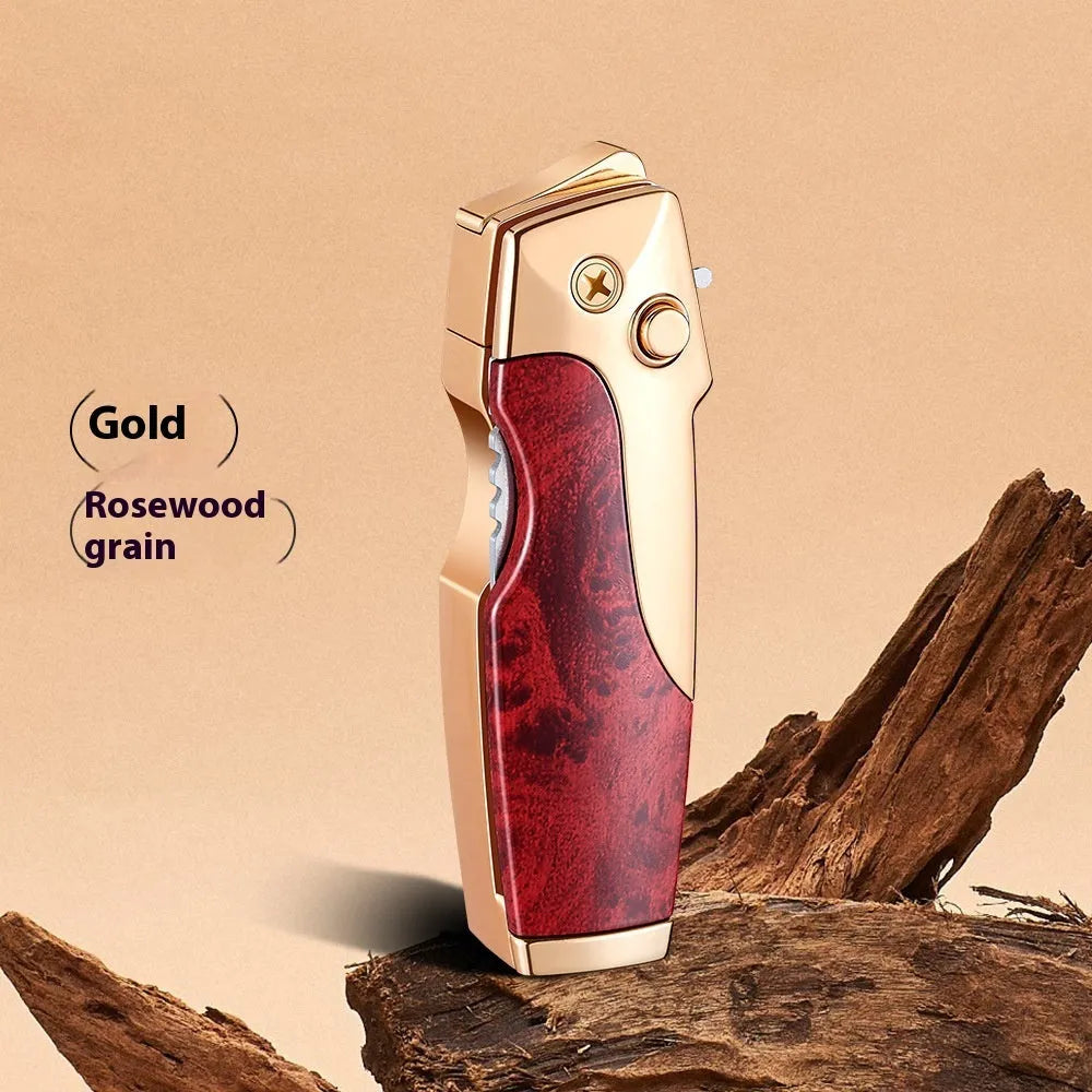 Metal folding outdoor lighter with integrated knife in a zinc alloy case, showing various colour options.