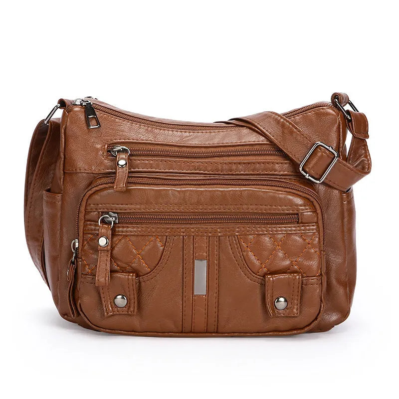 New washed PU shoulder messenger bag in horizontal square shape with three-dimensional pocket, 26x19x8cm