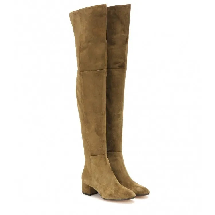 Grey suede women's over the knee flat boots with a pointed toe and thick low heel.