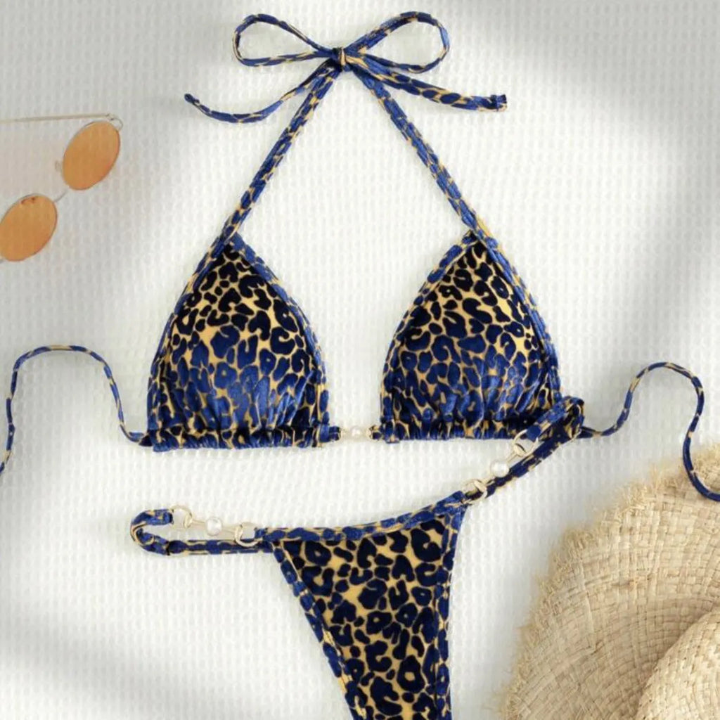 Blue leopard print T-shaped women's bikini swimsuit set on a mannequin.