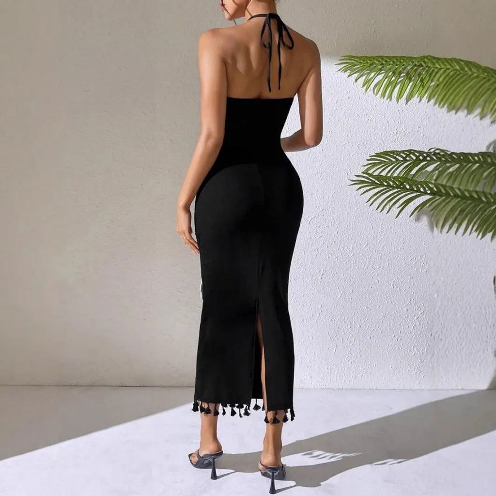 Slim fit long flower small turtleneck dress in black with high-waist hip skirt