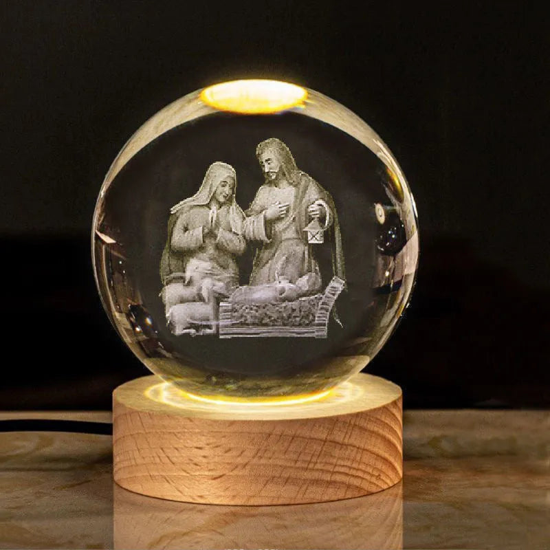 White crystal cross ornament with 6cm ball on wooden warm light base