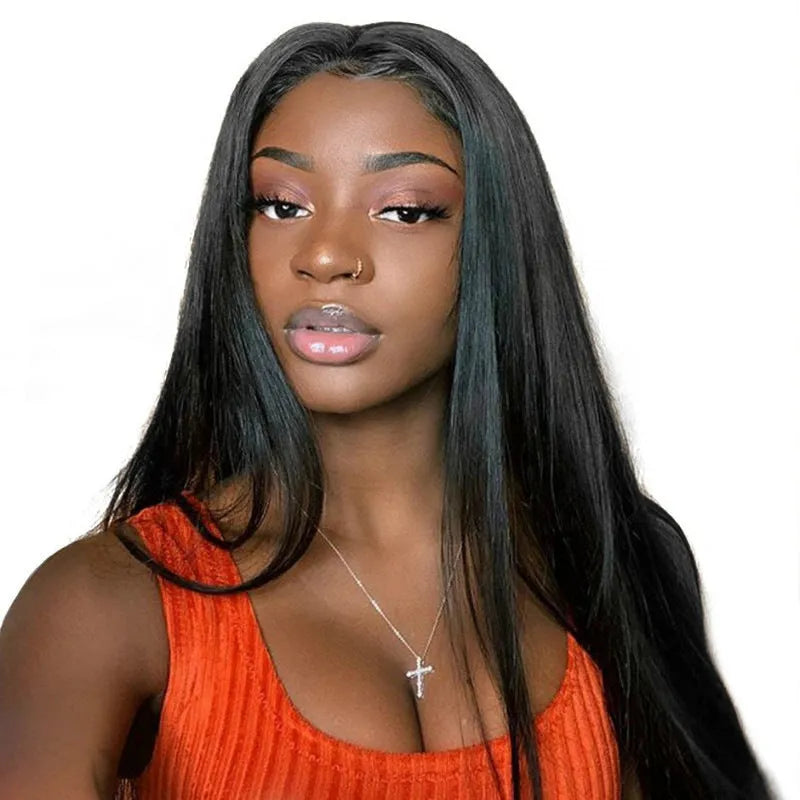 Long straight black synthetic wig with centre part and bangs on a model