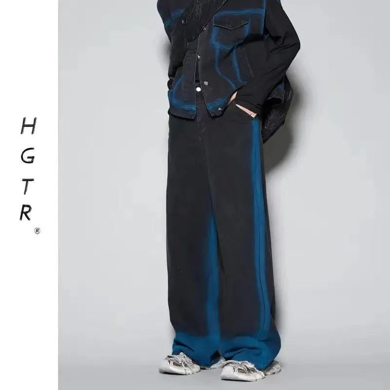 Distressed blue jeans and sleeveless vest two-piece set with spray colour gradient finish and fleece lining