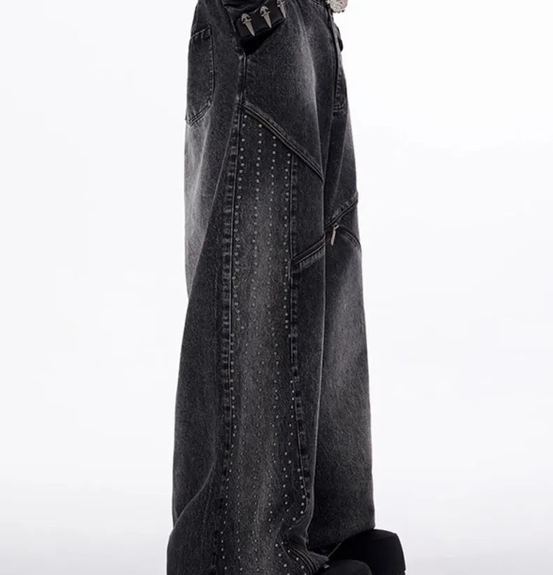 Wide leg cotton denim pants with structure zipper and worn finish in black and grey Korean style