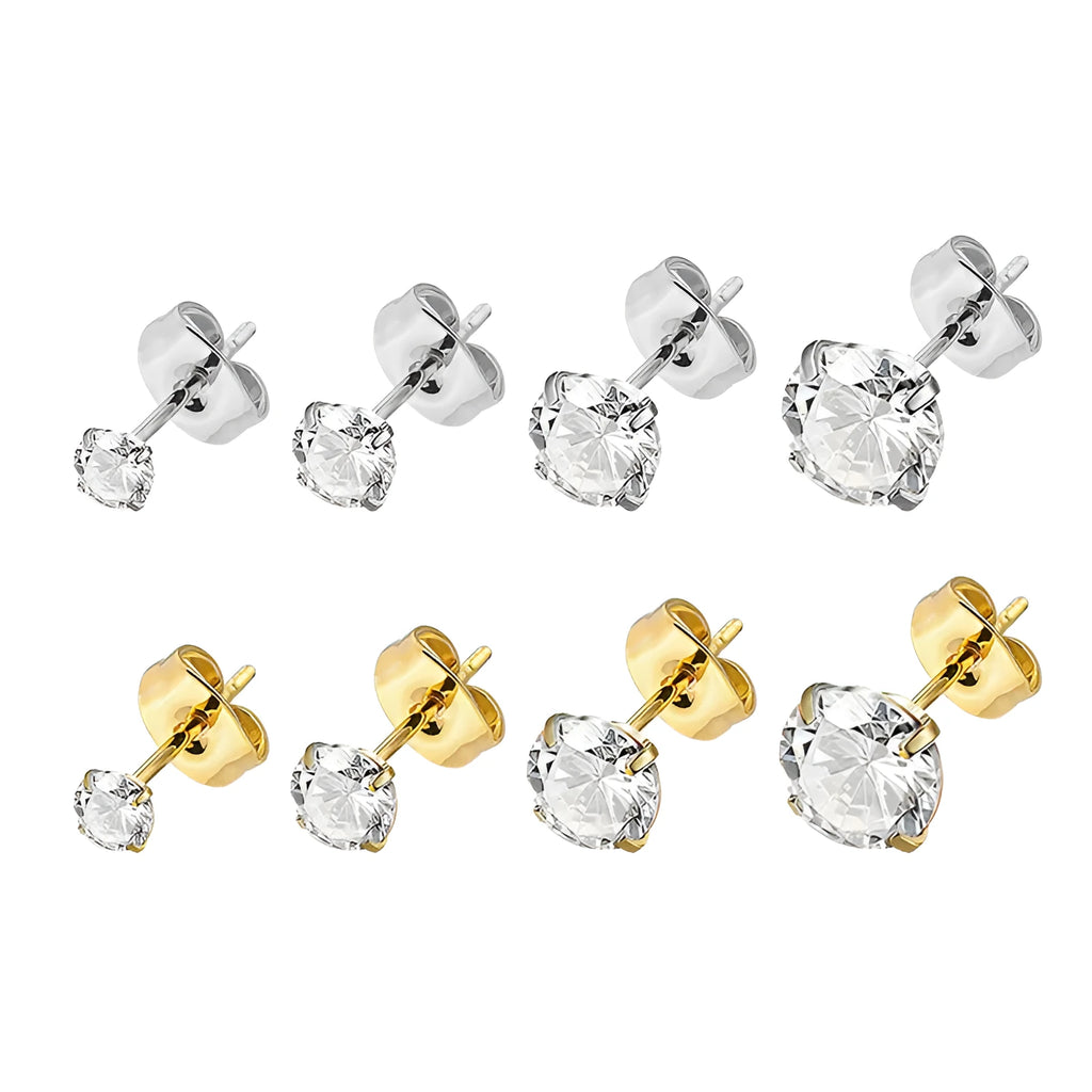Square geometric titanium steel stud earrings with round zircon accents in gold or steel colour finishes