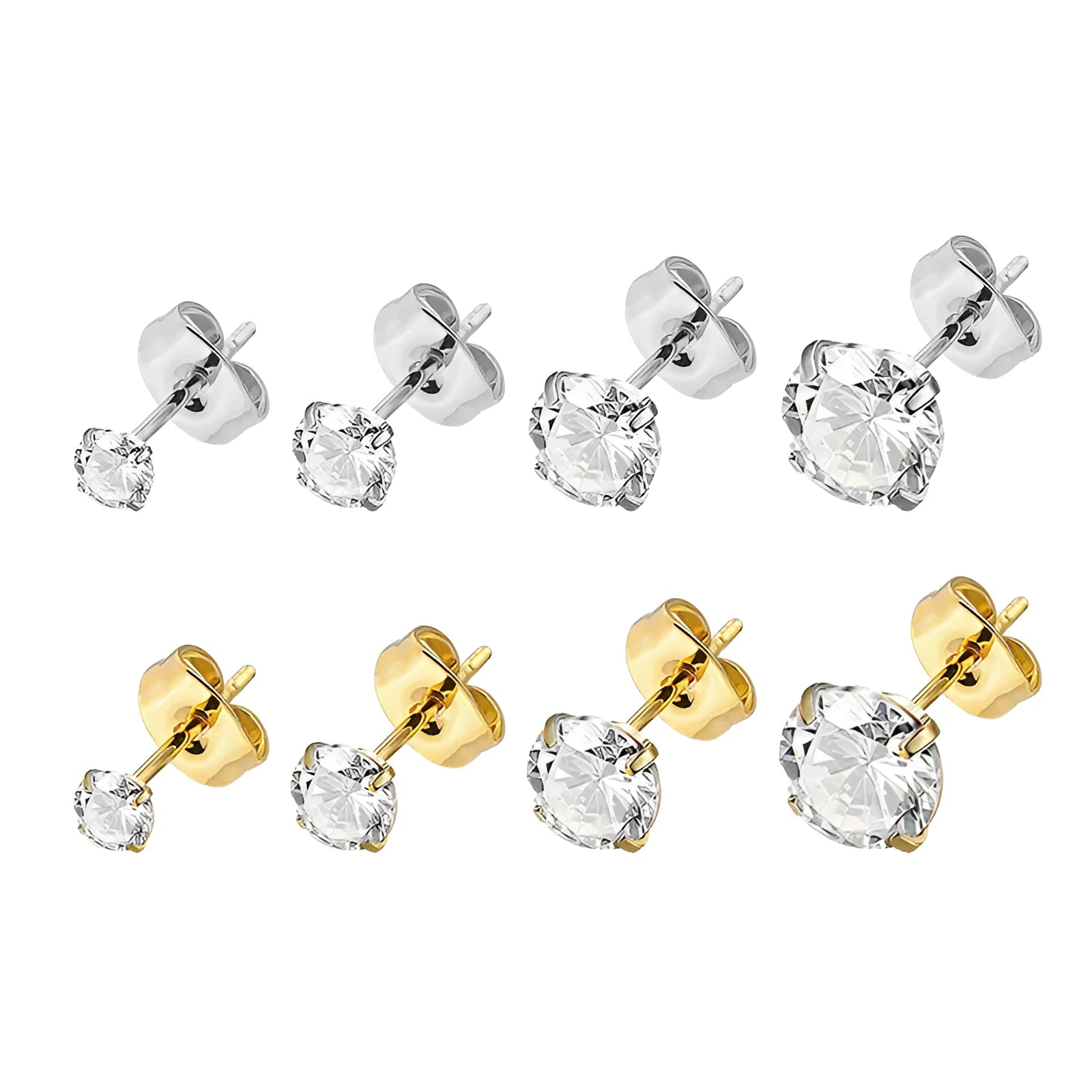 Square geometric titanium steel stud earrings with round zircon accents in gold or steel colour finishes