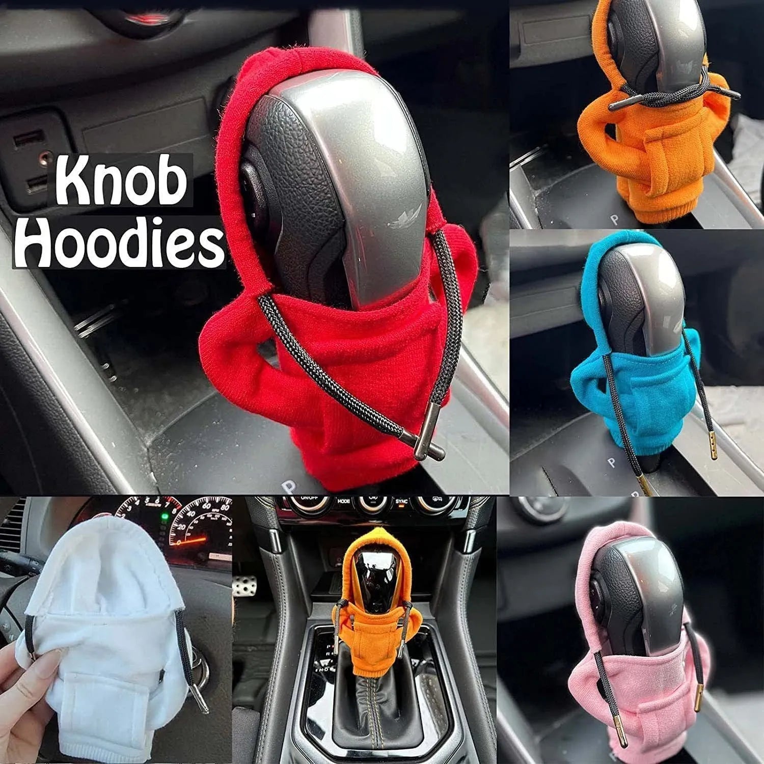 Cloth gear shift knob hoodie cover in assorted colours showing 13x8cm size for manual and automatic cars.