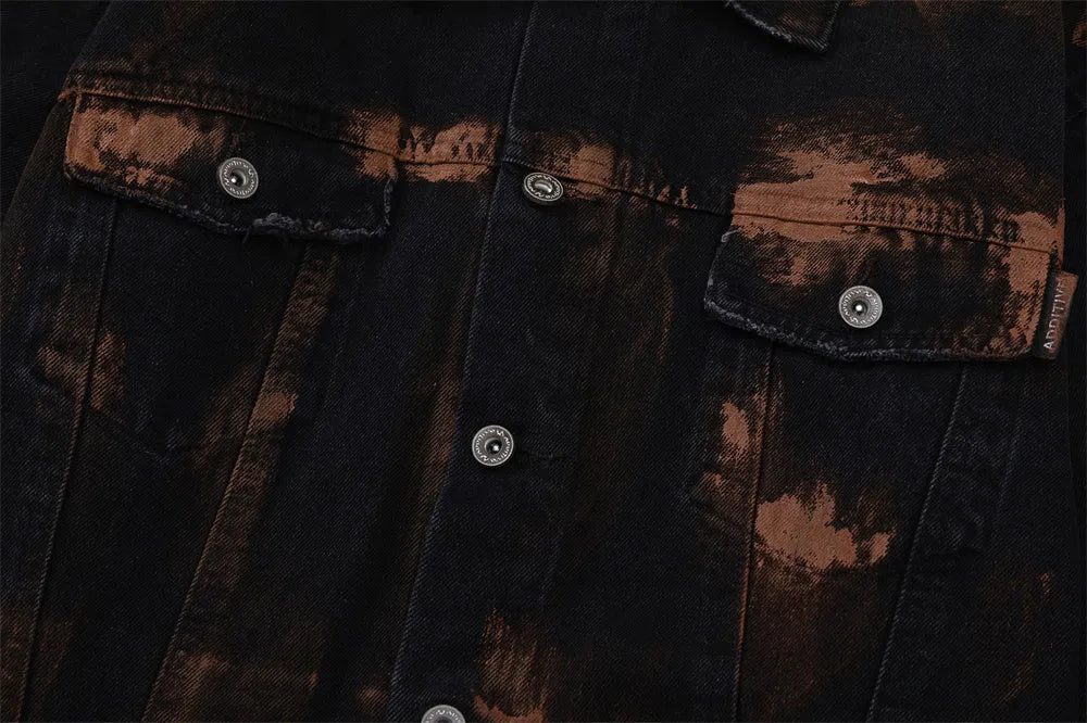 Black men's cotton denim jacket with fashion holes and street style design