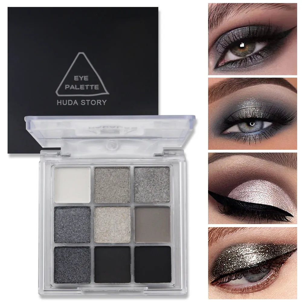 Smoked design nine colour eyeshadow palette open showing white, silver, black, iron grey shades.