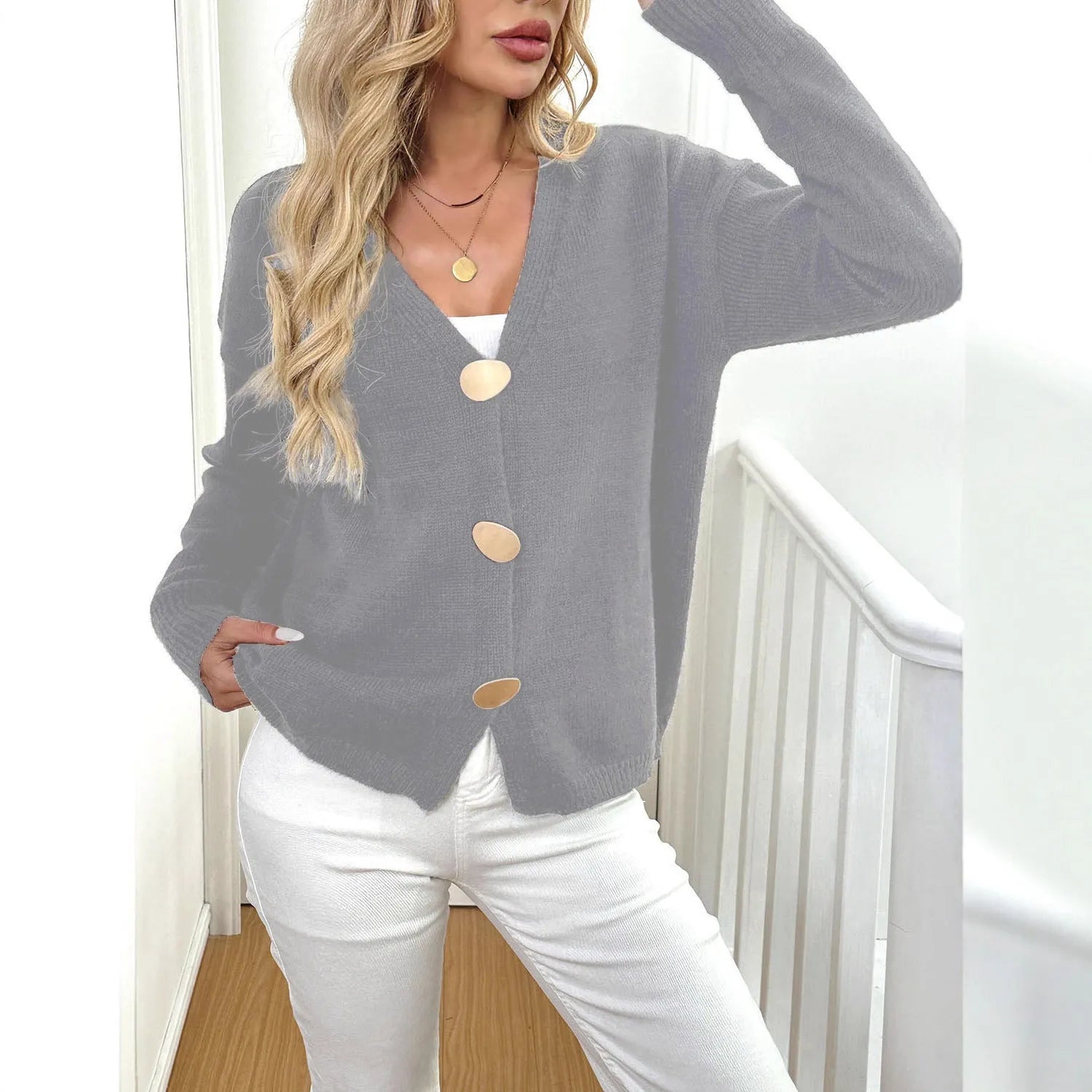 Women's grey deer plush long sleeve sweater coat with princess sleeves, street hipster style