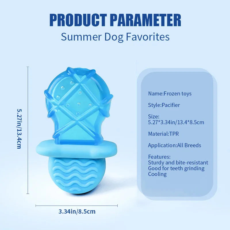 Set of three dog toys: a silicone pacifier, a freezable popsicle, and a silicone ring for cooling and chewing.