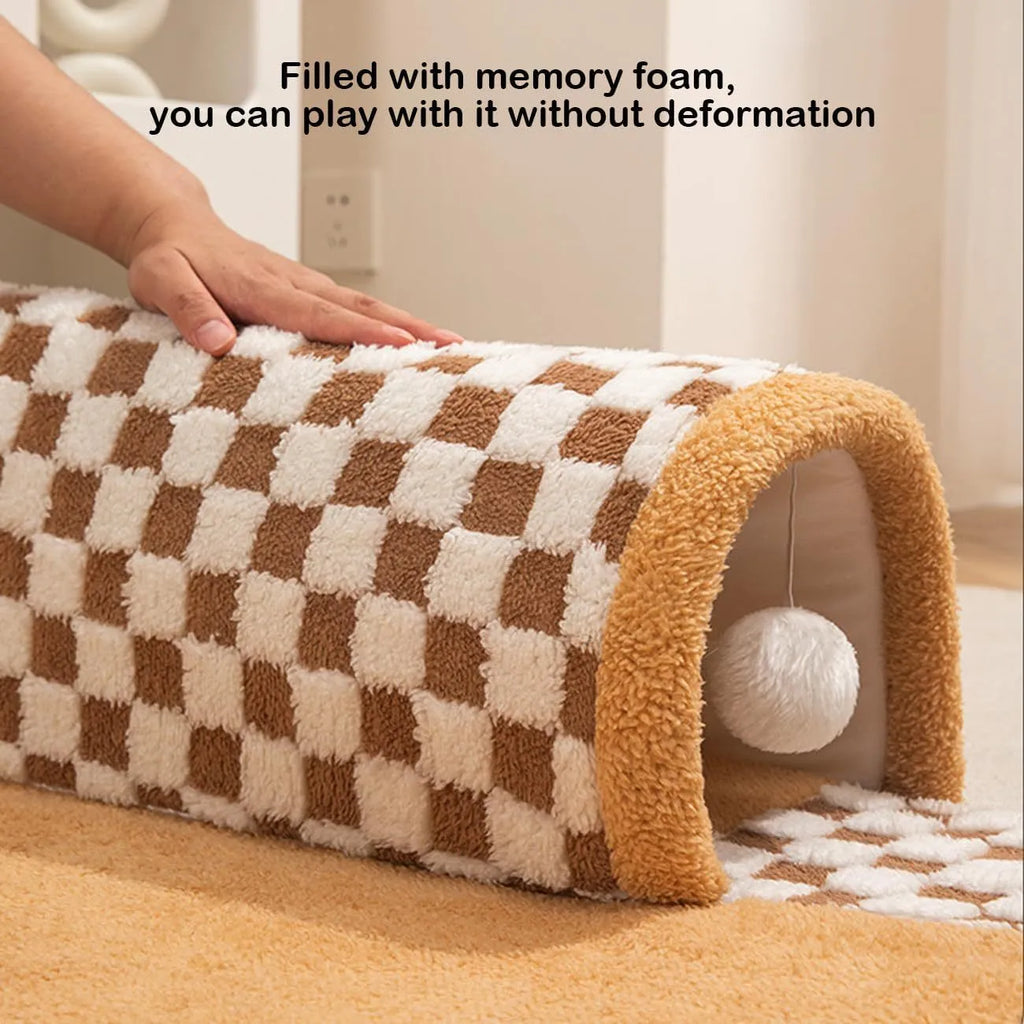 Fan-shaped plaid pet bed tunnel for dogs and cats showing sleeping mat and fabric tunnel