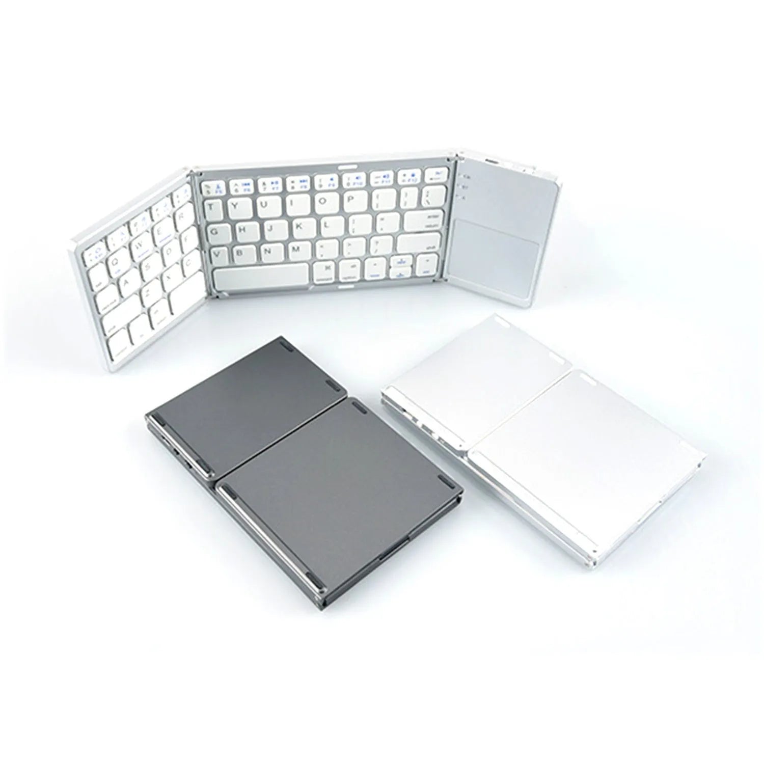 Black tri-fold Bluetooth keyboard shown open next to a smartphone, highlighting its slim 0.8cm profile.