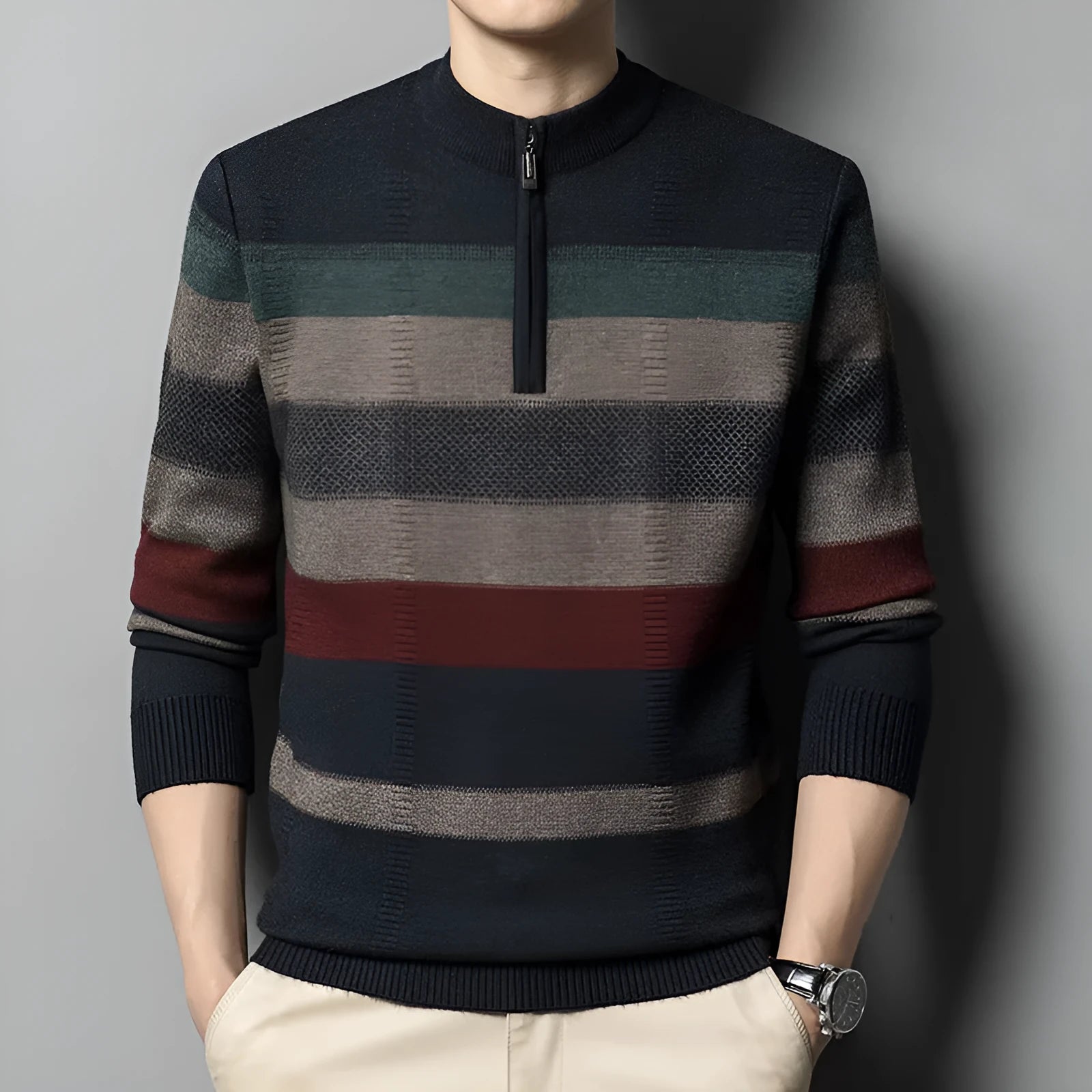 Men's contrasting striped pure wool knitted sweater in dark gray, slim fit pullover style, long sleeves