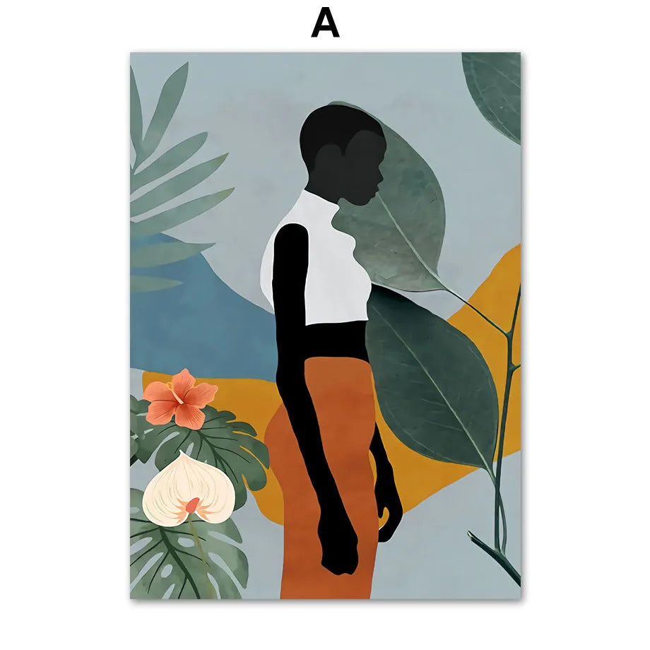 Abstract African women flower leaf mural art canvas painting spray paint on oil canvas unframed rectangular shape