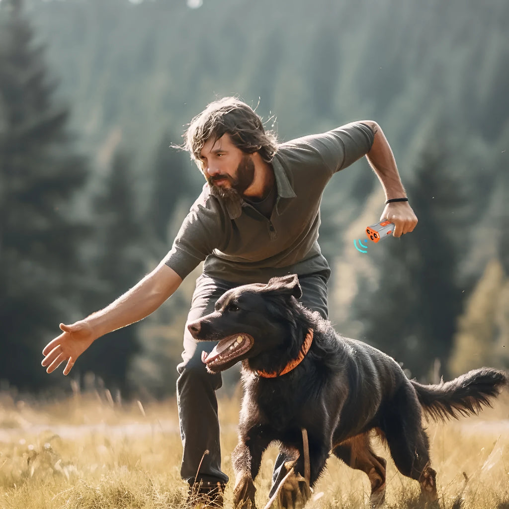 Three-head ultrasonic dog trainer with remote control in grey and orange colour scheme.